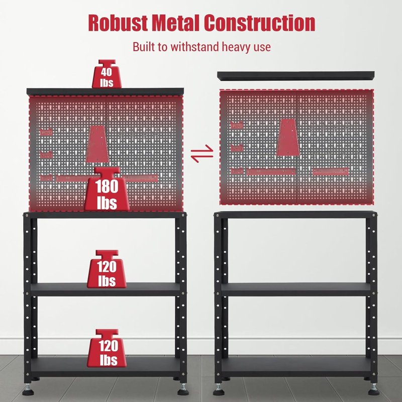 Établi de garage robuste avec panneau perforé, établi dans un espace de travail réglable pour petit atelier, banc de travail pour garage, atelier