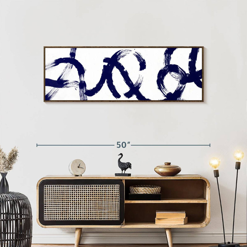 Coups d'un bleu profond, 46" X 16", Cadre flottant noyer