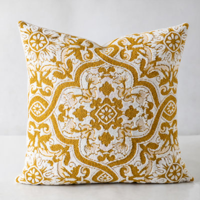 Mustard Yellow Ornate Medallion Jacquard Throw Pillow Cover 18" X 18"