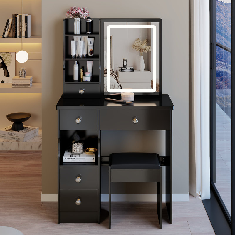 29.2" Small Size Left Drawer Desktop Vanity Table + Cushioned Stool, Large Sliding, Touch Control, Tri-Color Switching, Brightness Adjust LED Mirror, High Capacity Storage, Suitable For Small Space