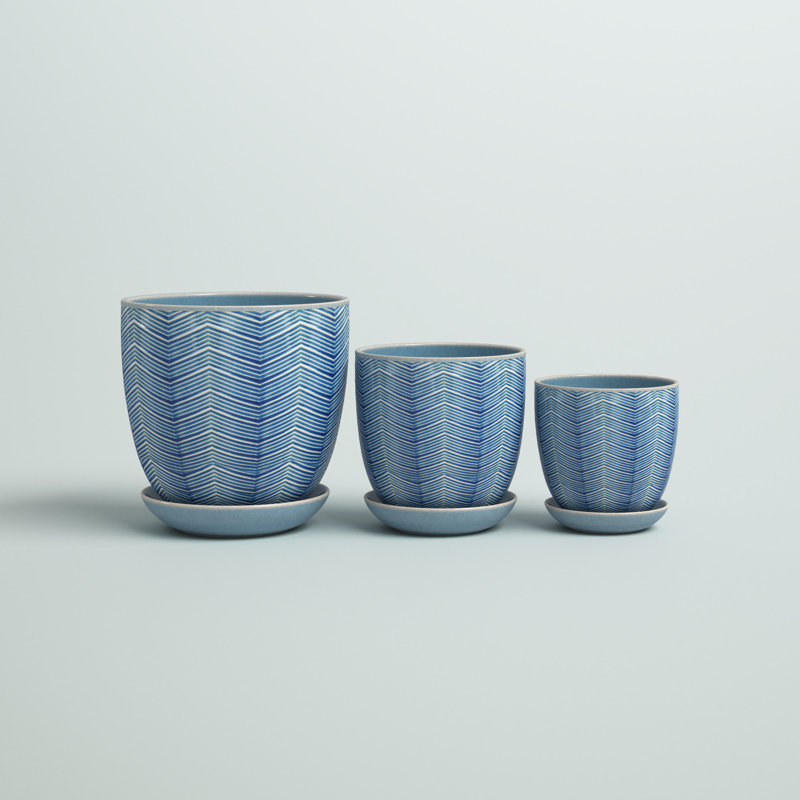 Blue Porcelain Ceramic Indoor Outdoor Planter with Attached Saucer, Set of 3 , Blue