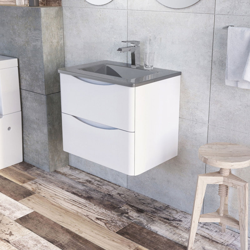 Stanhope 600mm Single Bathroom Vanity with Integrated Glass Basin, White, Grey