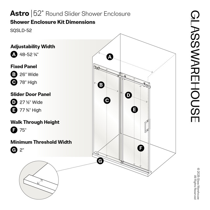 Astro 48 - 52 in. x 78 in. Fully Frameless Glass Sliding Shower Door, Brushed Nickel