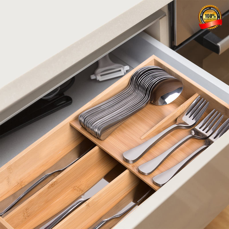 COAHAHA Durable Bamboo Silverware Organizer - Double Layer Design For Utensils Storage