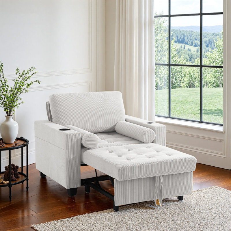Canapé-lit convertible beige en velours côtelé capitonné 3-en-1 avec canapé-lit multifonctionnel avec 2 coussins moelleux, prise USB et porte-gobelet