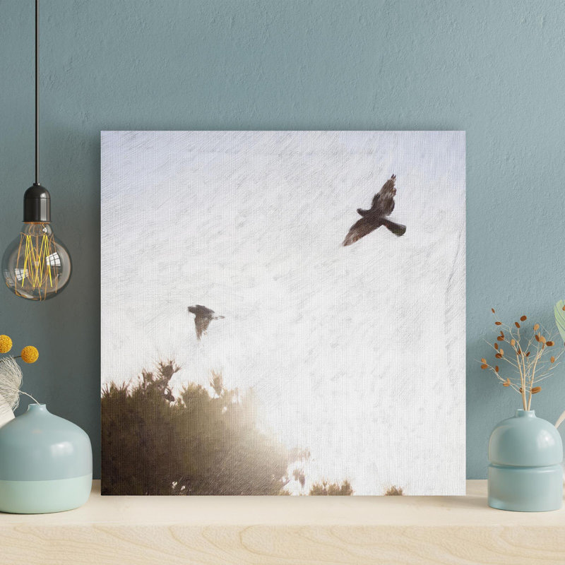 Oiseau noir et blanc volant pendant la journée - Reproduction d'art graphique rectangulaire sur toile tendue 1 pièce