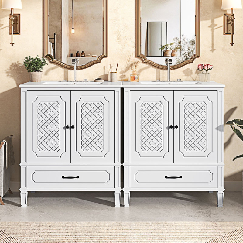 Ensemble de meuble-lavabo avec lavabo double, Blanc, Noir