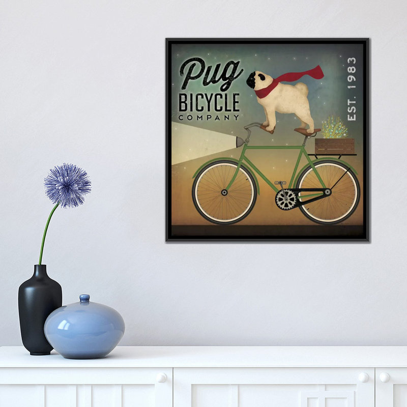 Pug Vélo Co., impression sur toile tendue, H 18 po x l 18 po x P 1,5 po, Toile encadrée noire, Pas de tapis