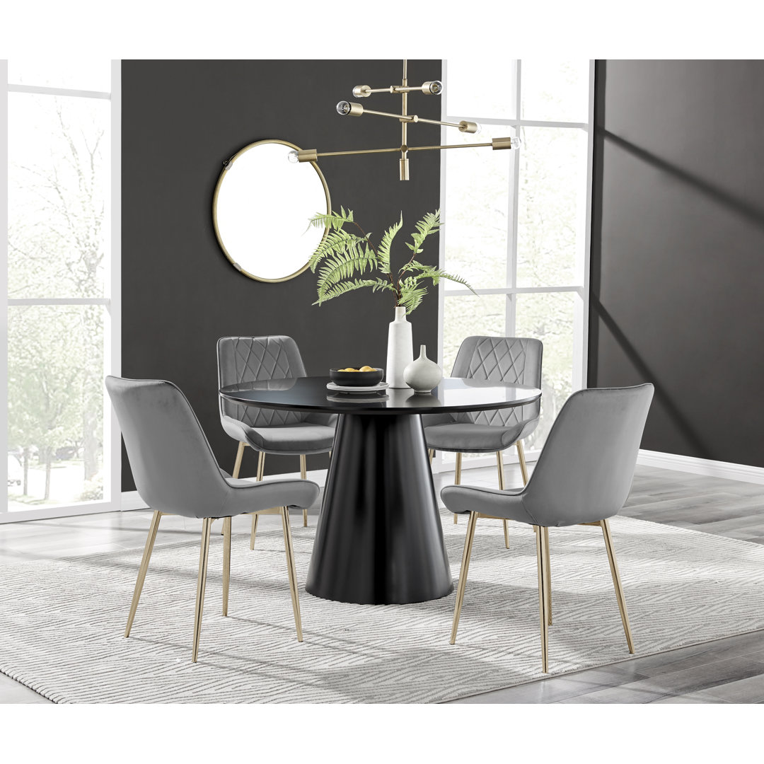 Edzard Statement Pedestal Round Dining Table Set & 4 Luxury Velvet Dining Chairs