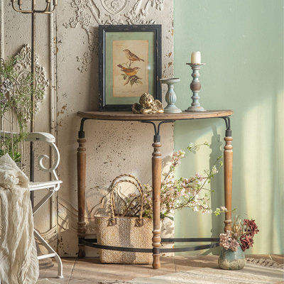 Table console en bois massif, composite et fer, brun et noir