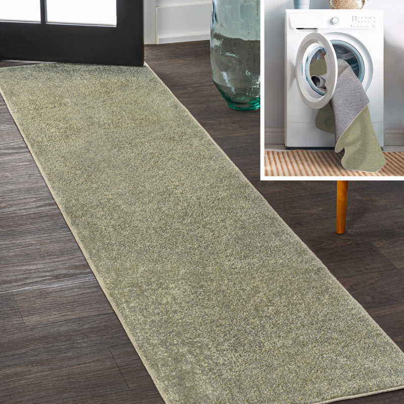 Waylynn Classic Solid Low-Pile Machine-Washable Sage Green Rug, Runner 2' x 7'10"