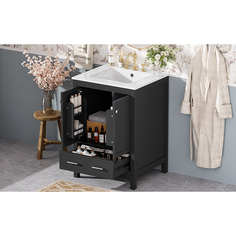 24-Inch  Bathroom Vanity With Integrated Undermount Basin And A Storage Cabinet Featuring 2 Doors And 1 Drawer. Includes Double-Layer Door Shelf, Soft-Close Design, And Versatile Storage Solutions