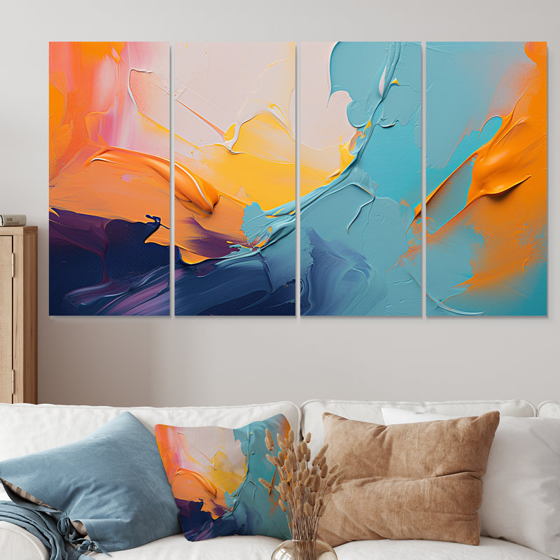 «Blue and Orange Paint Expression I», ensemble de 4 pièces d'art mural abstrait, H 28 po x l 48 po