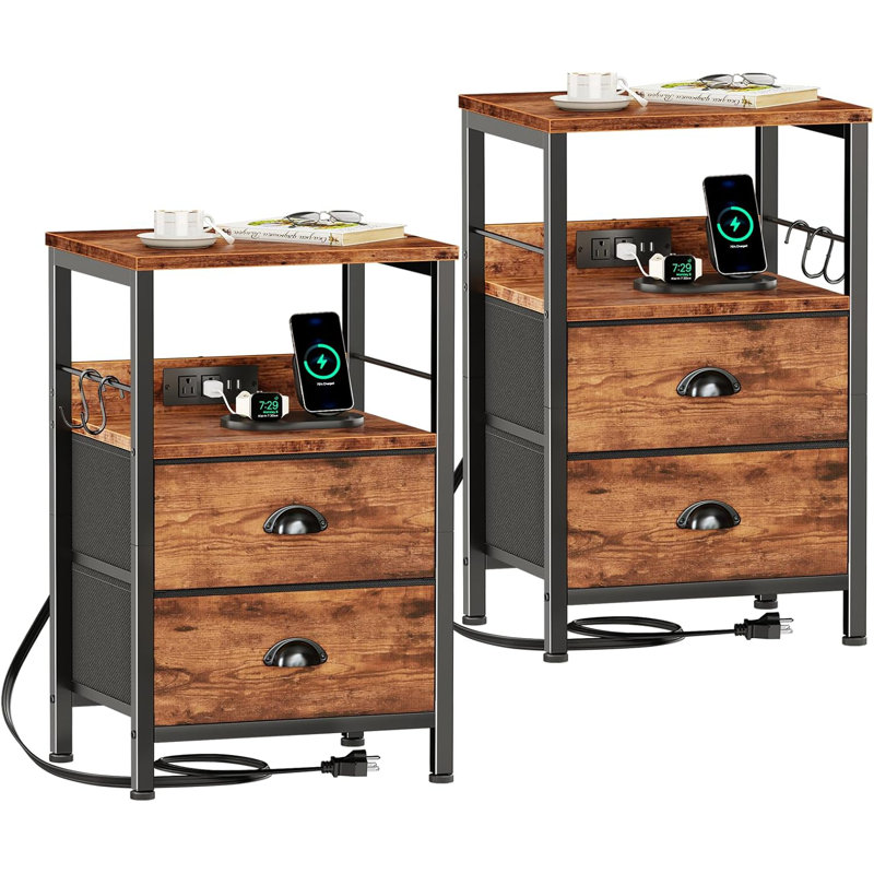Tables de chevet avec 2 tiroirs et prises de courant, tables de chevet avec 2 ports USB et tablette ouverte à 2 niveaux