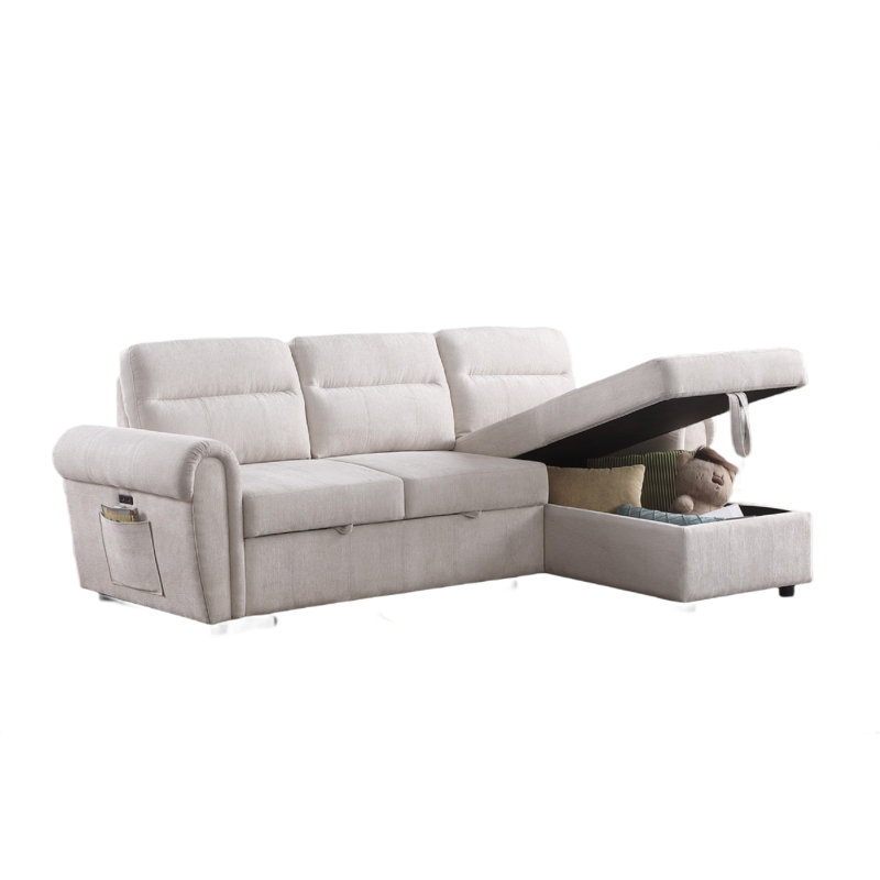 Canapé-lit modulaire Heny, méridienne de rangement, USB, chenille beige 97 po, Chenille beige