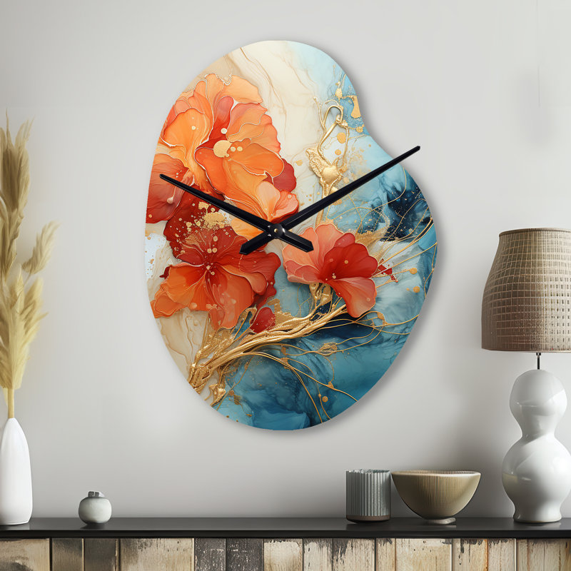 Horloge murale orange, sarcelle abstraite, fractale, forme unique en métal, horloge murale asymétrique moderne, Petit