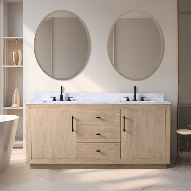 Meuble-lavabo double autoportant, Blanc Arabescato, Blé clair, 72"
