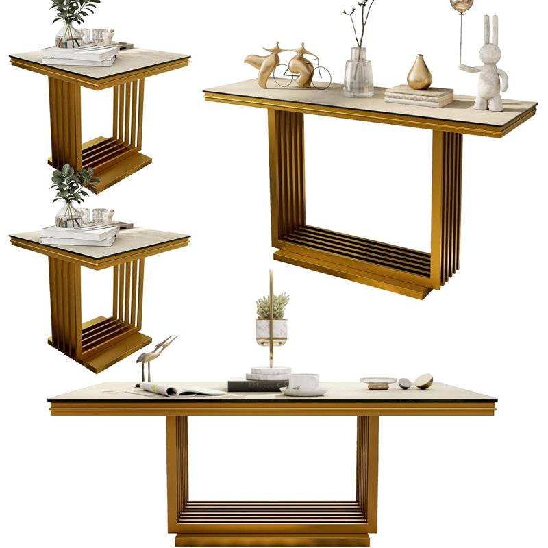 4 Piece Tempered Glass And Gold Living Room Table Set Of 4, Doré