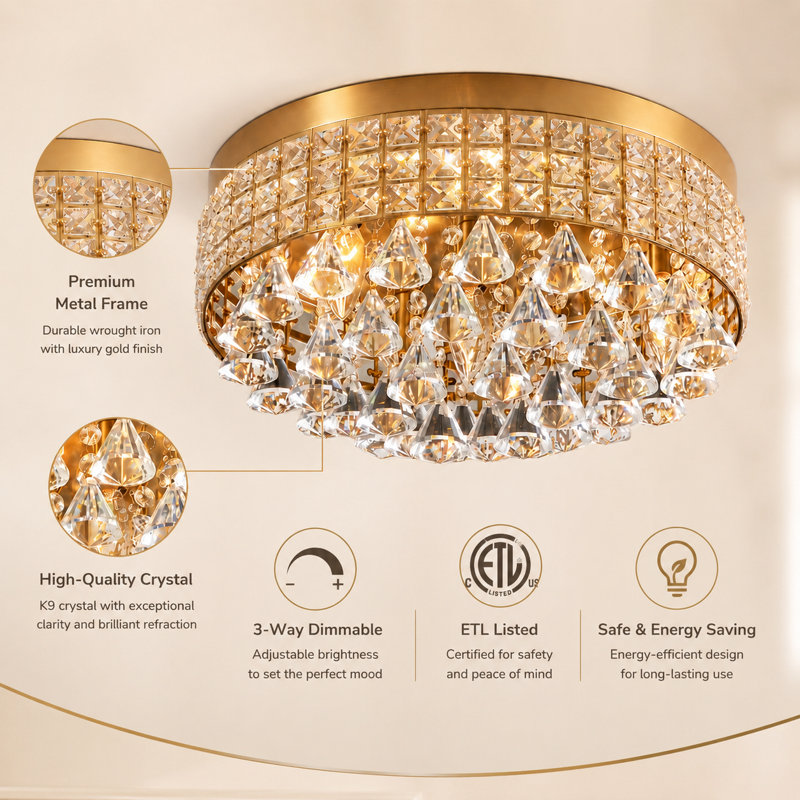 Theodora 15" W 4-Light Dimmable Drum Flush Mount, Brushed Brass