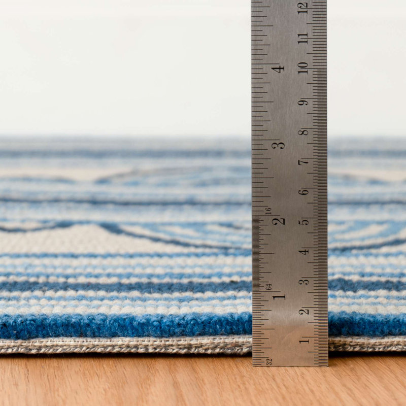 Button Blue Hand Micro Hooked Wool Rug, Rectangle 9'6" x 13'6"