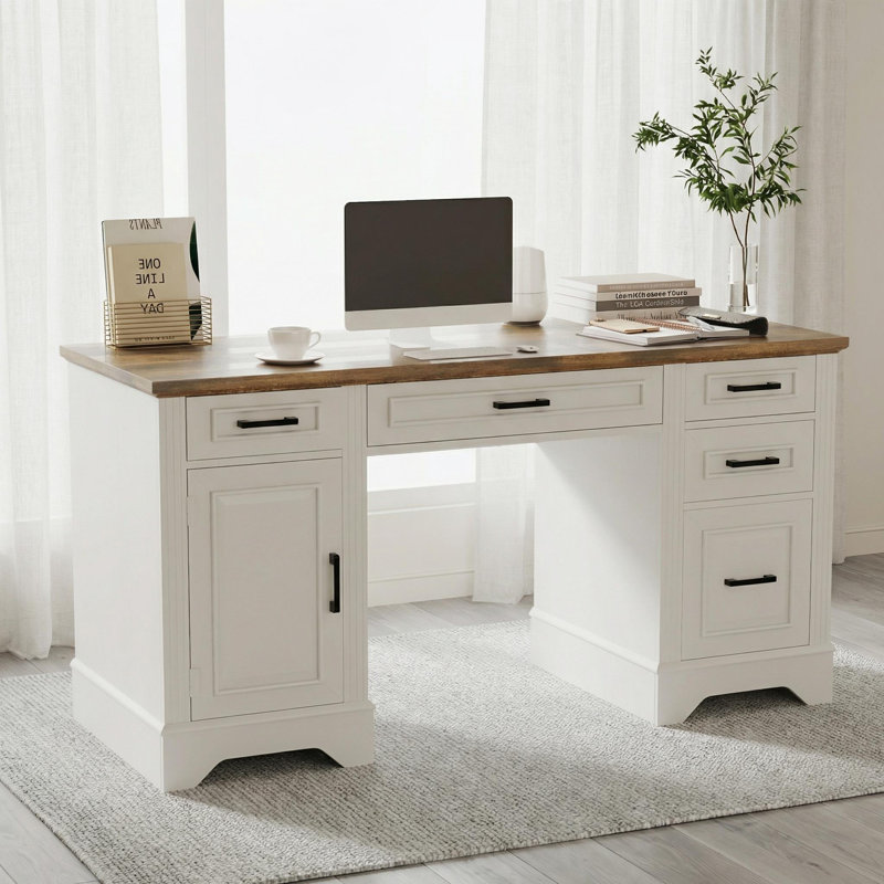 58 Inch Wide Executive Desk with 5 Drawers and 1 Cabinet, Farmhouse Home Office Desk with for Work, Study, Writing, Wooden Computer Table for Bedroom, Game Room, White