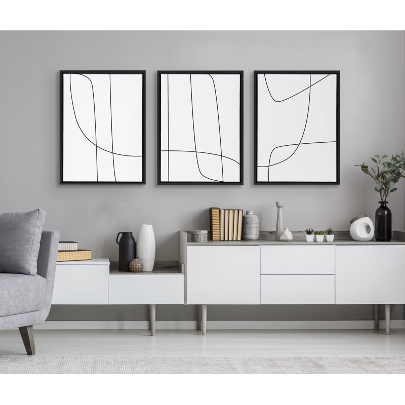 "Modern Line" abstrait 1, 2 et 3 noir et blanc par The Creative Bunch Studio, ensemble d'art mural sur toile encadrée, Noir