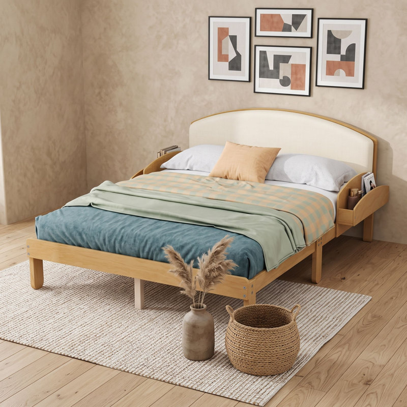 Lit plateforme en bois avec tête de lit tapissier courbée et tablettes de rangement latérales, Lit double, Naturel