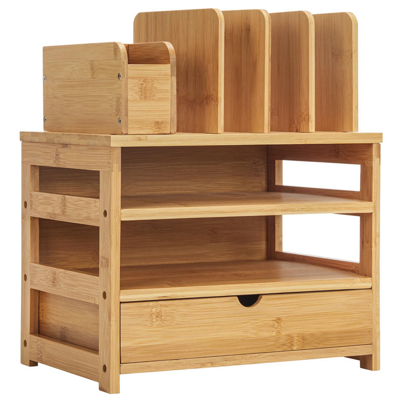 Natural Bamboo Desk Organizer with Adjustable Pen Holder and Drawer