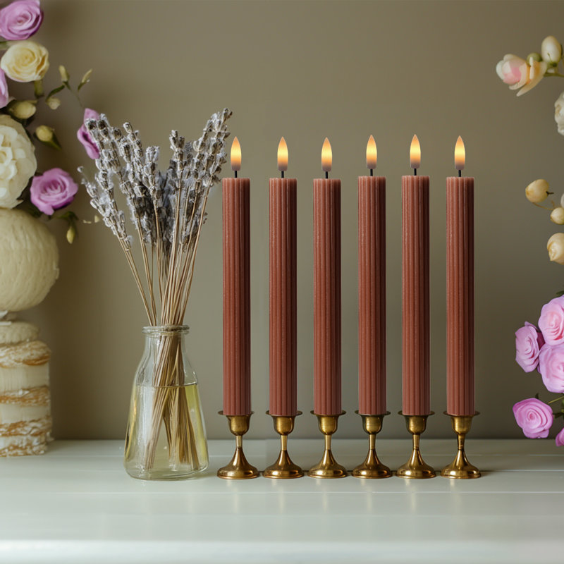 Fluted Ribbed Grooved LED Flameless Taper Candles, Remote, On/Off Button, Battery Operated, 6 Pack, Brown