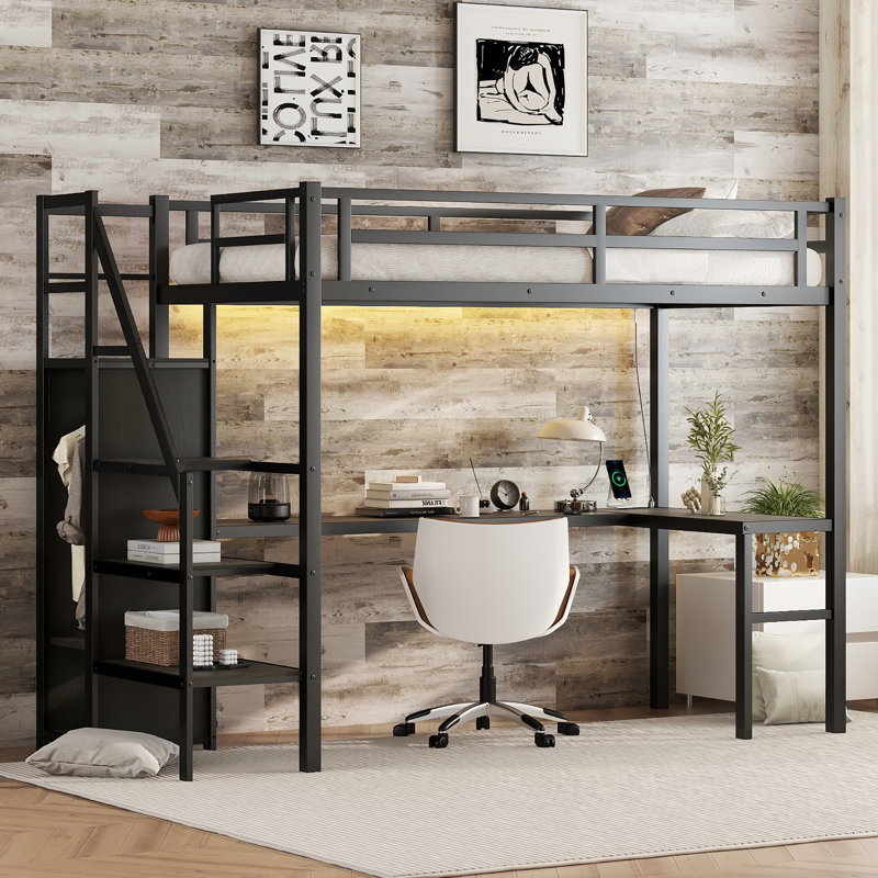 Lit mezzanine simple en métal avec bureau en forme de L, port USB, armoire, tablette réglable et lumière DEL, lit peu encombrant noir