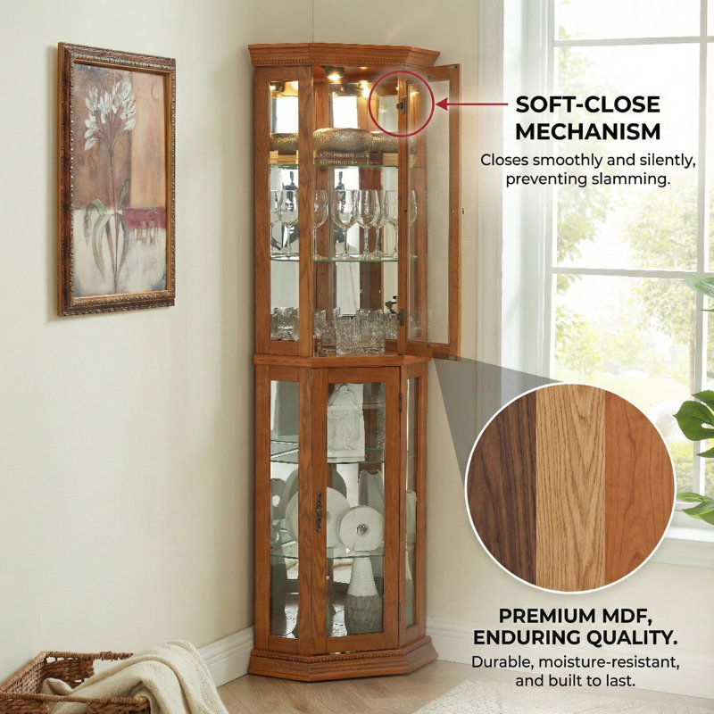 Vitrine de coin en chêne avec éclairage, Chêne