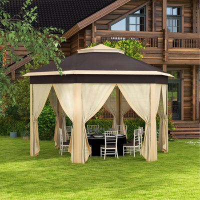 Abri de jardin escamotable de 13 pi x 13 pi, abri de jardin hexagonal avec filet en filet à 6 fermetures à glissière, tente d'événement avec cadre en acier robuste pour patio, jardin, mariage, fête, beige