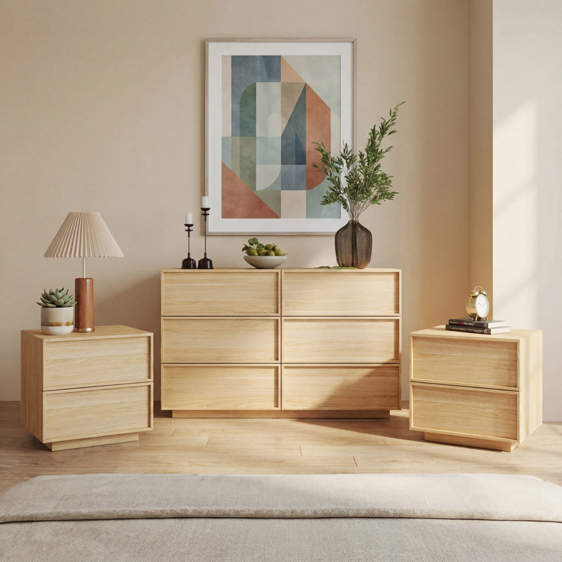 Ensemble de chambre à coucher 3 pièces (ensemble de 2 commodes à 6 tiroirs et 2 tiroirs), Chêne