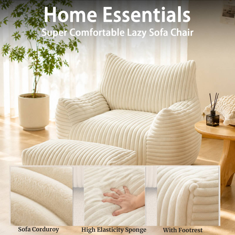 Large Bean Bag Chair with Ottoman,Corduroy Lazy Floor Bean Bag Memory Foam for Living Room Bedroom,Compressed Packing, Beige