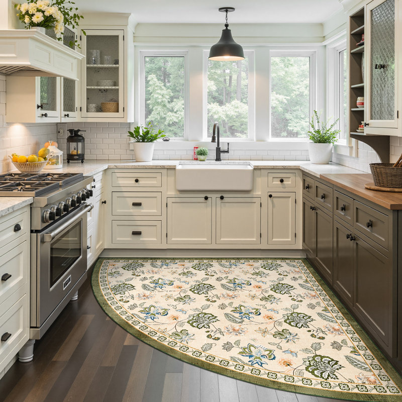 Chinoiserie Floral Rug Vintage Romance Design Washable Non-slip Green/Beige, Slice/Wedge 6', Green/Beige