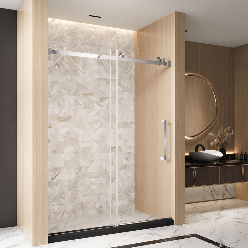 Frameless Single Sliding Shower Door  60 "W X 76" H, 1/4 "(6 Mm) Clear Tempered Glass, Explosion Proof Film, Stainless Steel Handle Square Tube Track