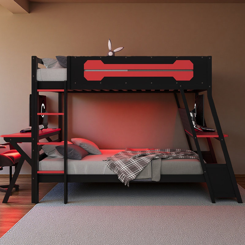 Bunk Bed With Two Built-In Gaming Desks, USB Desktop Ports & Pegboard Organizer, Gaming Bunk Frame For Gamer, Red