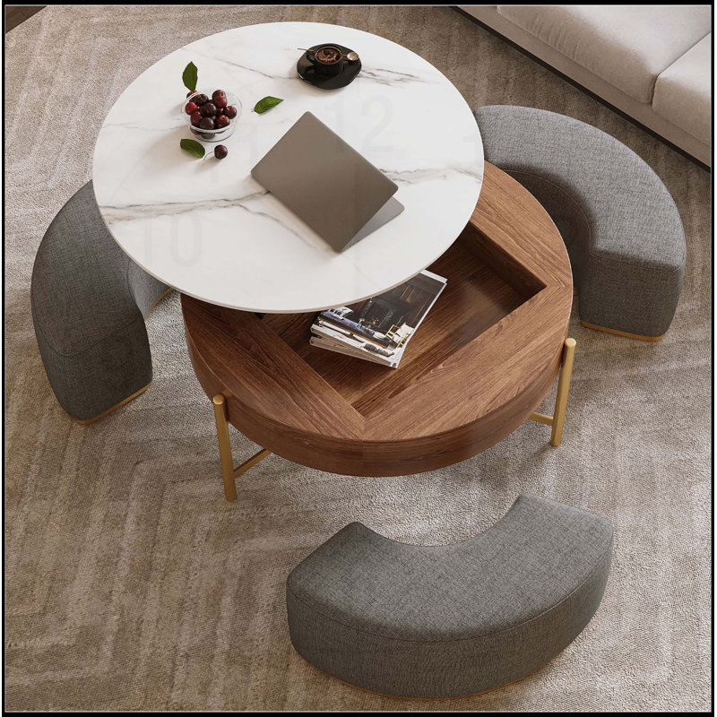 Table basse moderne à plateau relevable avec rangement caché, placage en noyer et plateau en pierre frittée, 3 repose-pieds gigognes rembourrés, conception compacte, entièrement assemblée