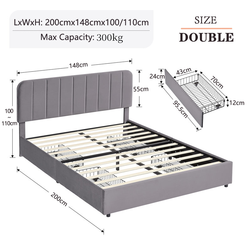 Double Size Upholstered Beds, Modern Platform Bed Frame With Adjustable Headboard And 4 Storage Drawers, Wooden Slats Support, No Box Spring Needed