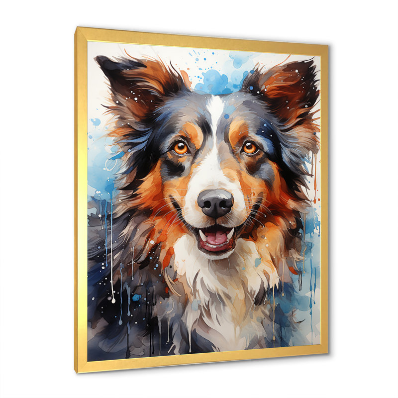 Border collie éclat sur toile, Cadre doré simple, H 32 po x l 16 po x P 1 po