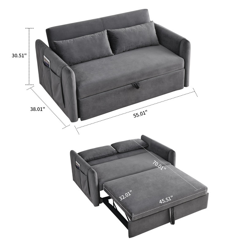 Velvet Sofa Bed with Two Pillows and Adjustable Backrest, Gray Velvet