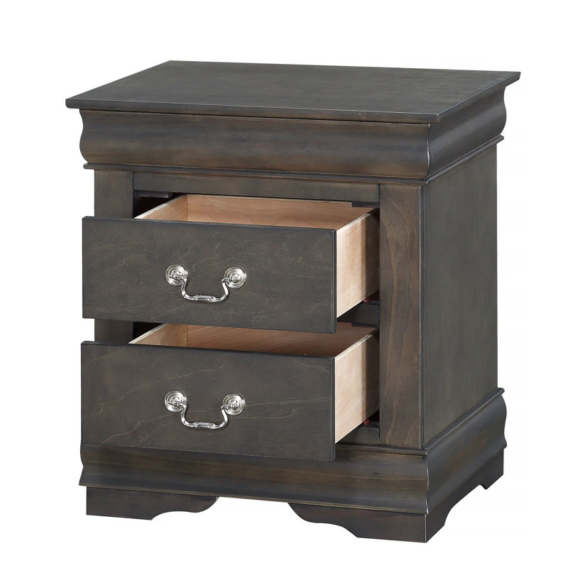 Table de chevet traditionnelle en bois gris avec 2 tiroirs pour la chambre à coucher, Gris foncé