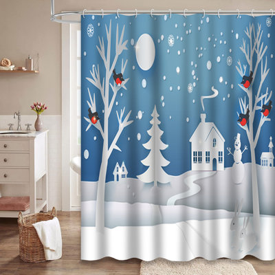 Rideau de douche Winter Landscape Snowman Moon Forest House avec 12 crochets