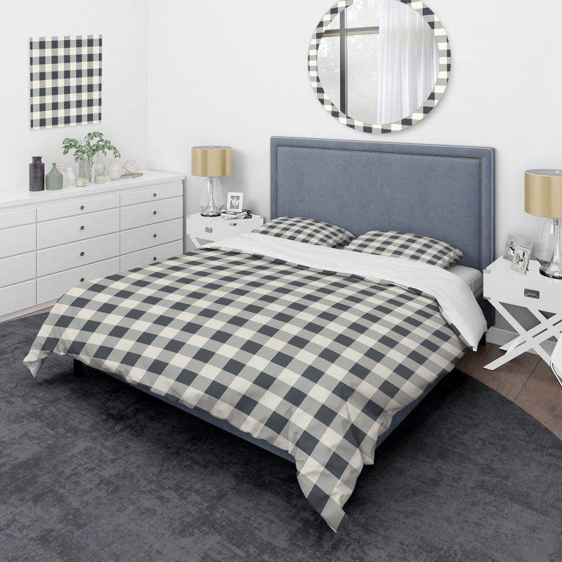 Ensemble de housse de couette moderne noir et beige Gingham Bliss I, Housse de couette très grand + 2 taies décorativ