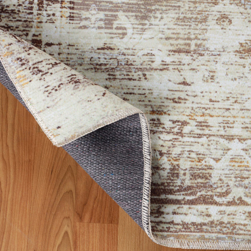 Polston Faded Traditional Rustic Medallion Border Machine Washable Indoor Rug, Rectangle 4' x 6'