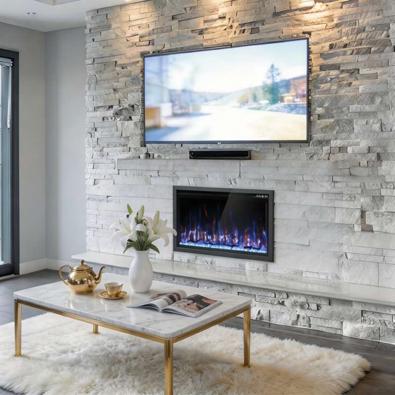 42" Wide Recessed and Wall Mounted Electric Fireplace - Linear 1500W Heater with Remote, 23.2" H X 46" W X 7.5" D