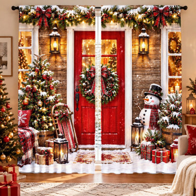 Ensemble de 2 rideaux festifs de Noël avec motif bonhomme de neige et sapin, décor hivernal, occultants, à œillets, lavables à la machine, pour salon, chambre, balcon, décoration intérieure, essentiels