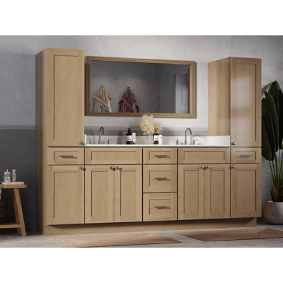 93" Freestanding Double Bathroom Vanity with Carrara Quartz Top, 5-Piece Cabinet Set & Tall Linen Cabinets