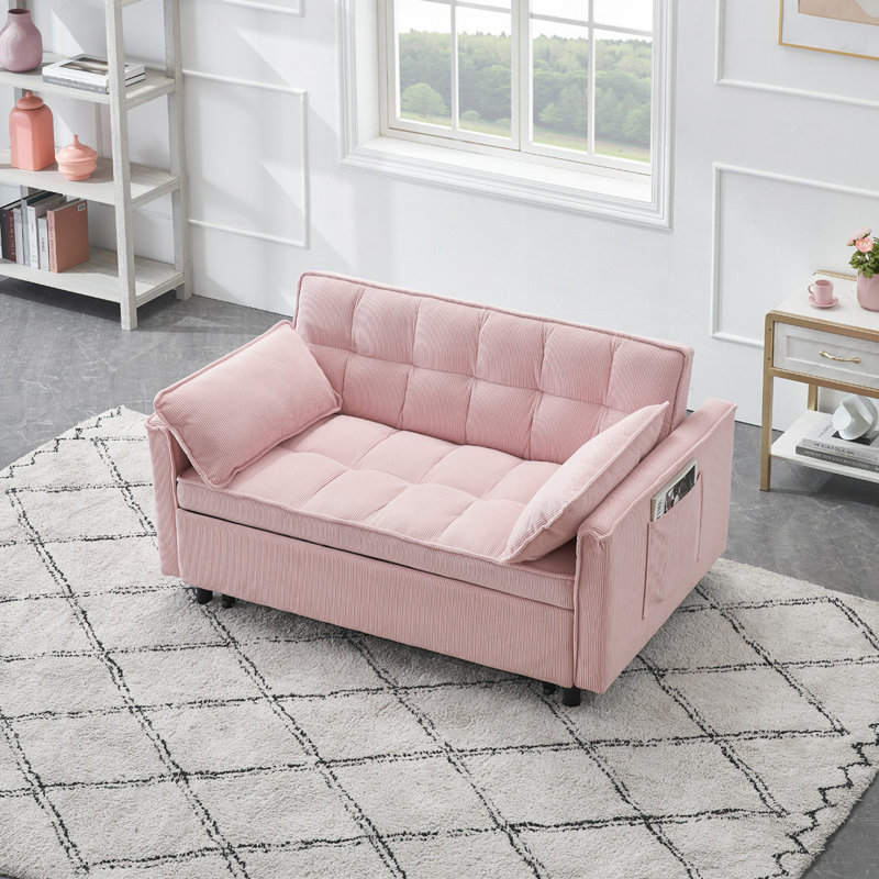 Corduroy Upholstered Convertible Sleeper Sofa, Pink Corduroy