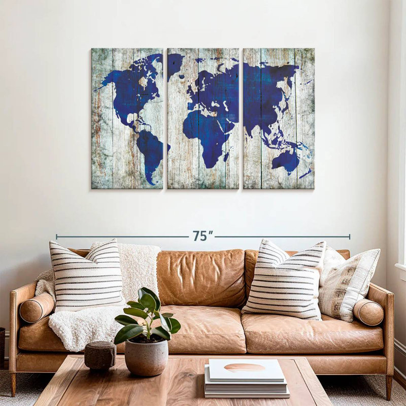 Aliaz Blue World Map On Wood, 36" H x 57" W